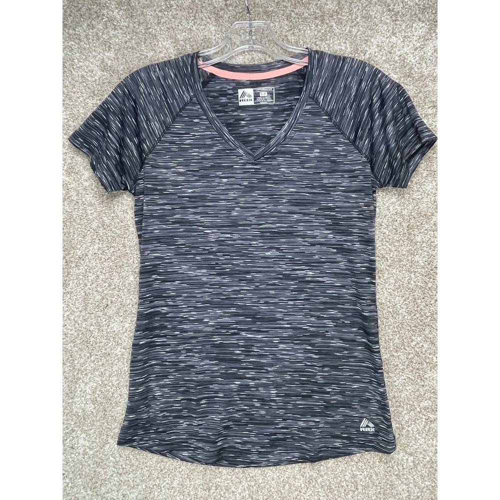 RBX Space Dye V-Neck Activewear T-Shirt Womens Small Black Grey Running Yoga Gym